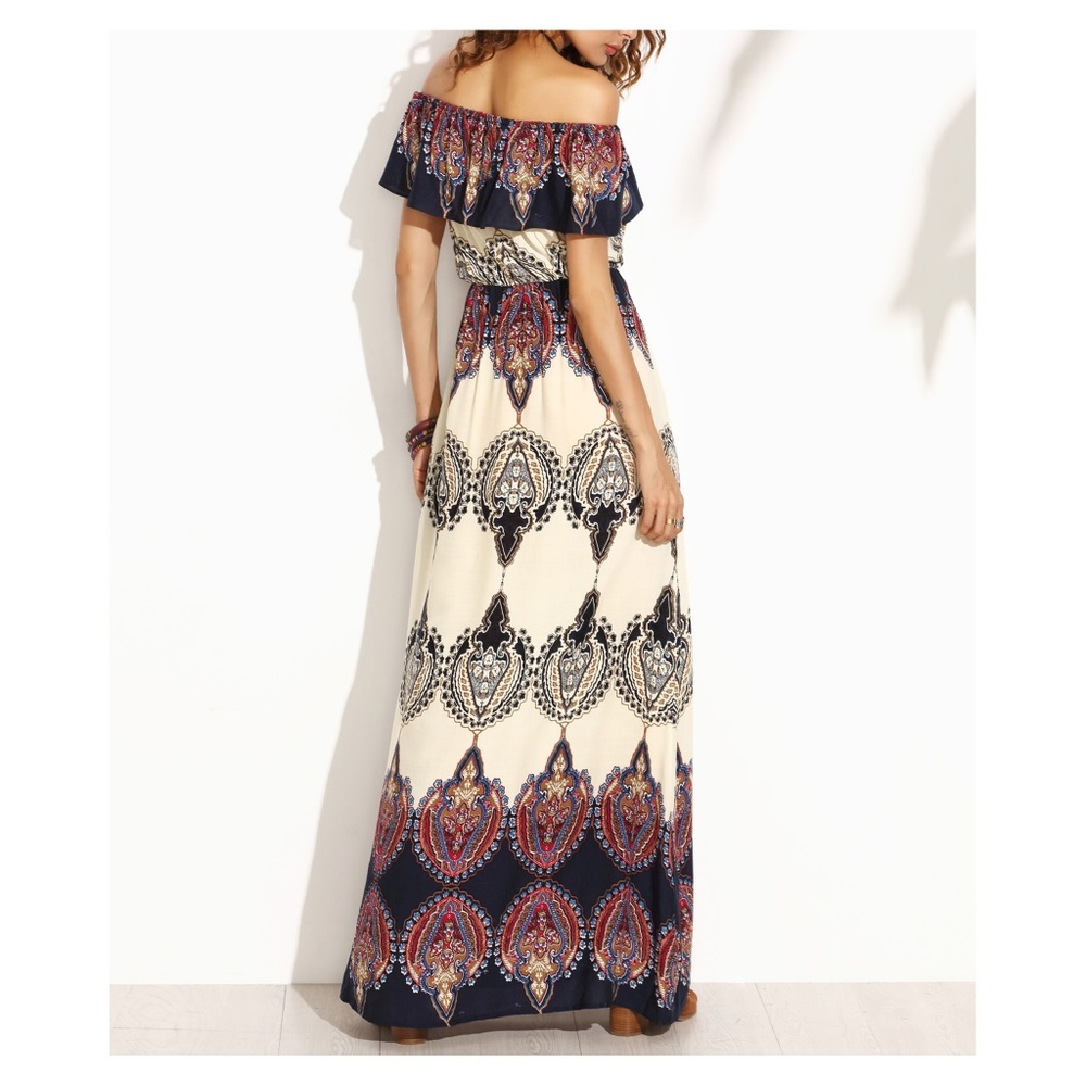 Multicolor Off Shoulder Boho Maxi Dress - Picture 4 of 5